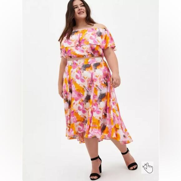 Torrid Skirt Set Womens Size 2 Pink Floral Print Tie Dye Crop Off Shoulder NWT - Picture 1 of 16
